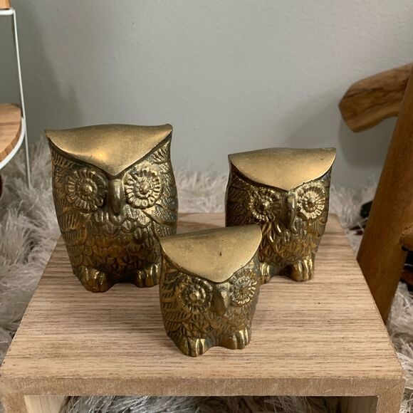 Other - Vintage MCM Style Set Of 3 Brass Owls  Figures Made In Korea